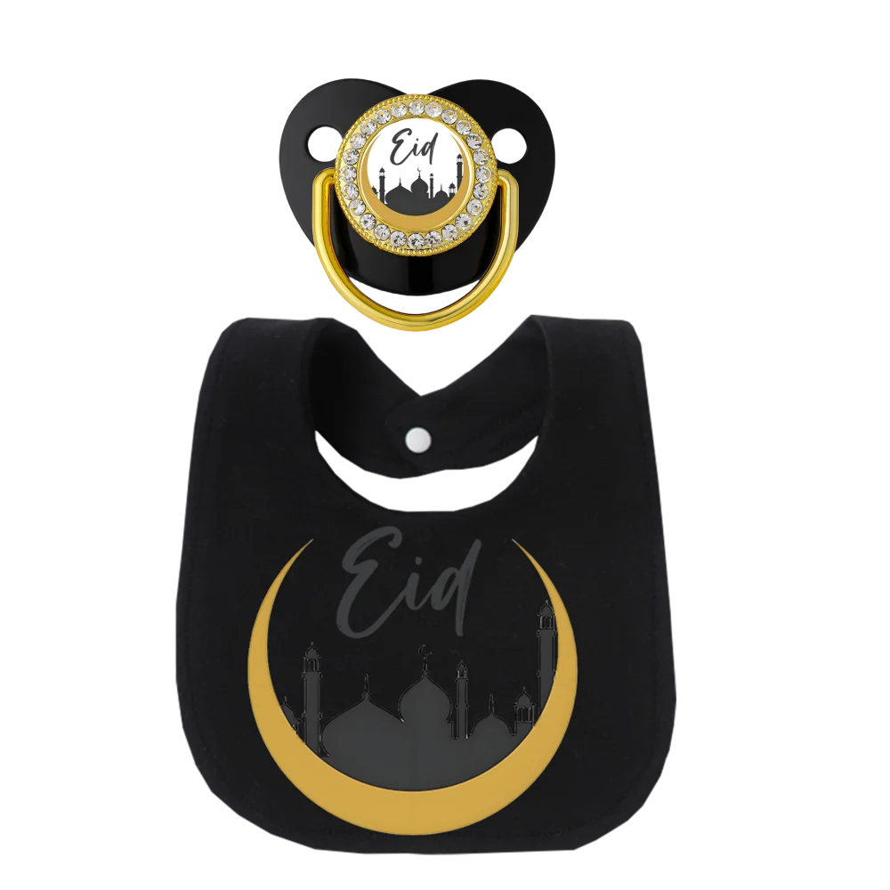 Islamic Newborn Pacifier with Toddler Bandana Bib 2Pcs Set Muslim Print Arabic Pattern Soft Soother Dummy BPA Free Silicone