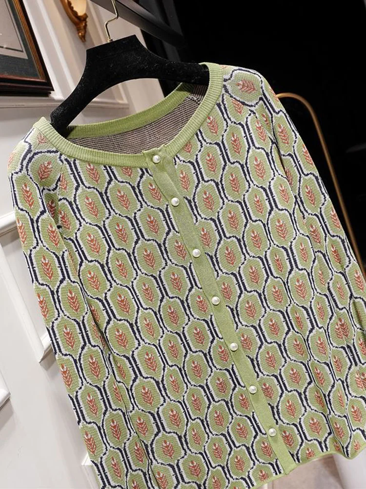 

Micosoni High Quality 2025 New Single-breasted Leaf Printing Knit Women Slim Long Sleeve Green Cardigan Blouse S-L