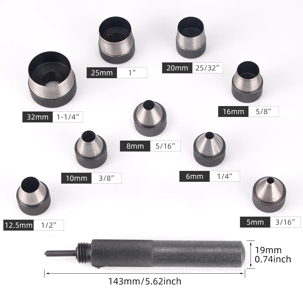 Set di punzonatrici professionali intercambiabili per fori cavi di grandi dimensioni, set di punzonatrici per guarnizioni resistenti da 10 pezzi,