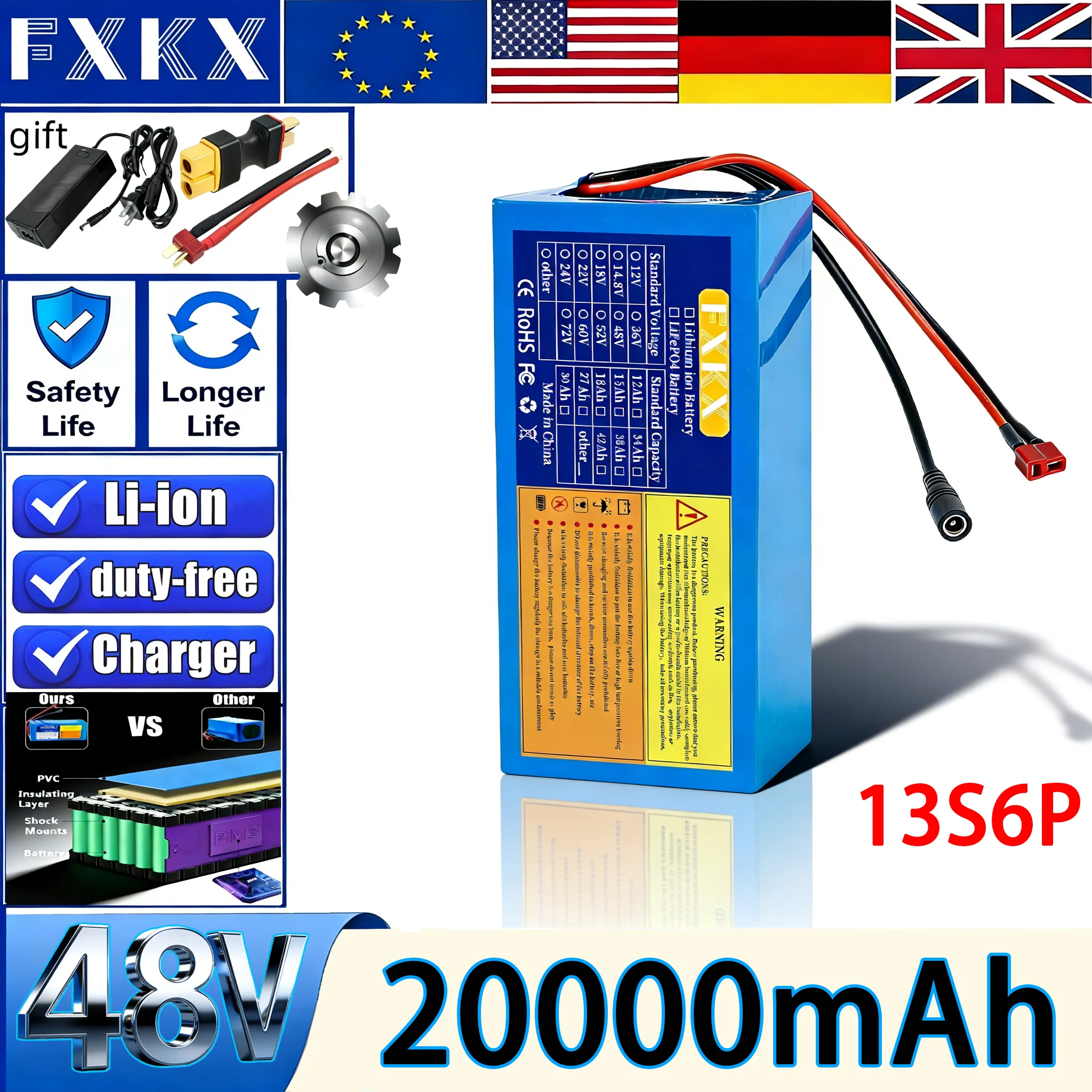 48V 20Ah 18650 Lithium 13S6P Battery Pack Built-in Intelligent BMS For 500-1000W Electrical Machinery+Charger DC+XT90