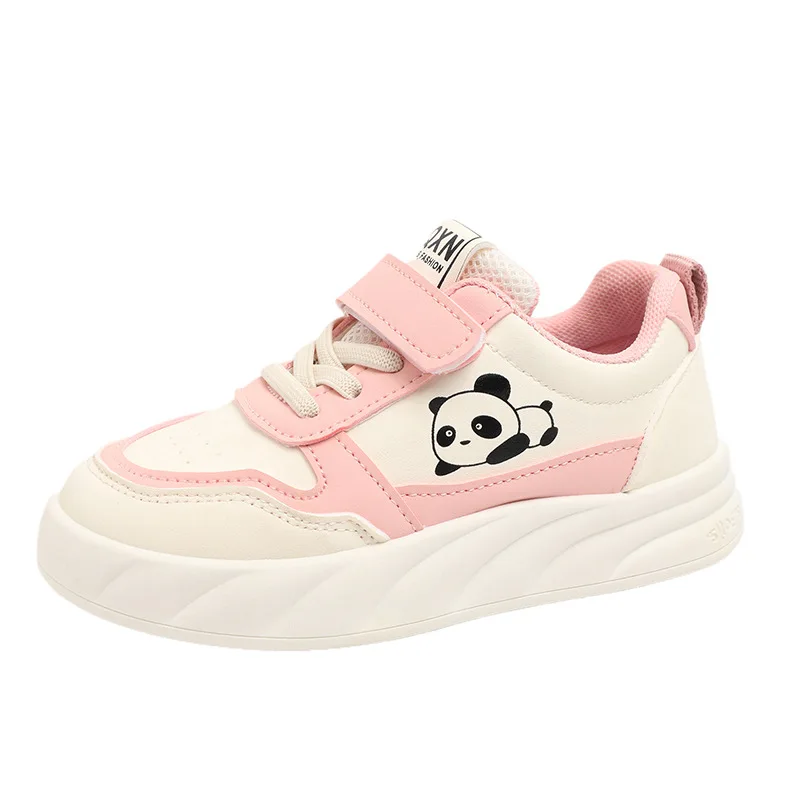 Girls Casual Shoes Flat Sole Sport Board Shoes Panda Pattern Lightweight Comfortable Leather Walking Sneakers Kids Footwear