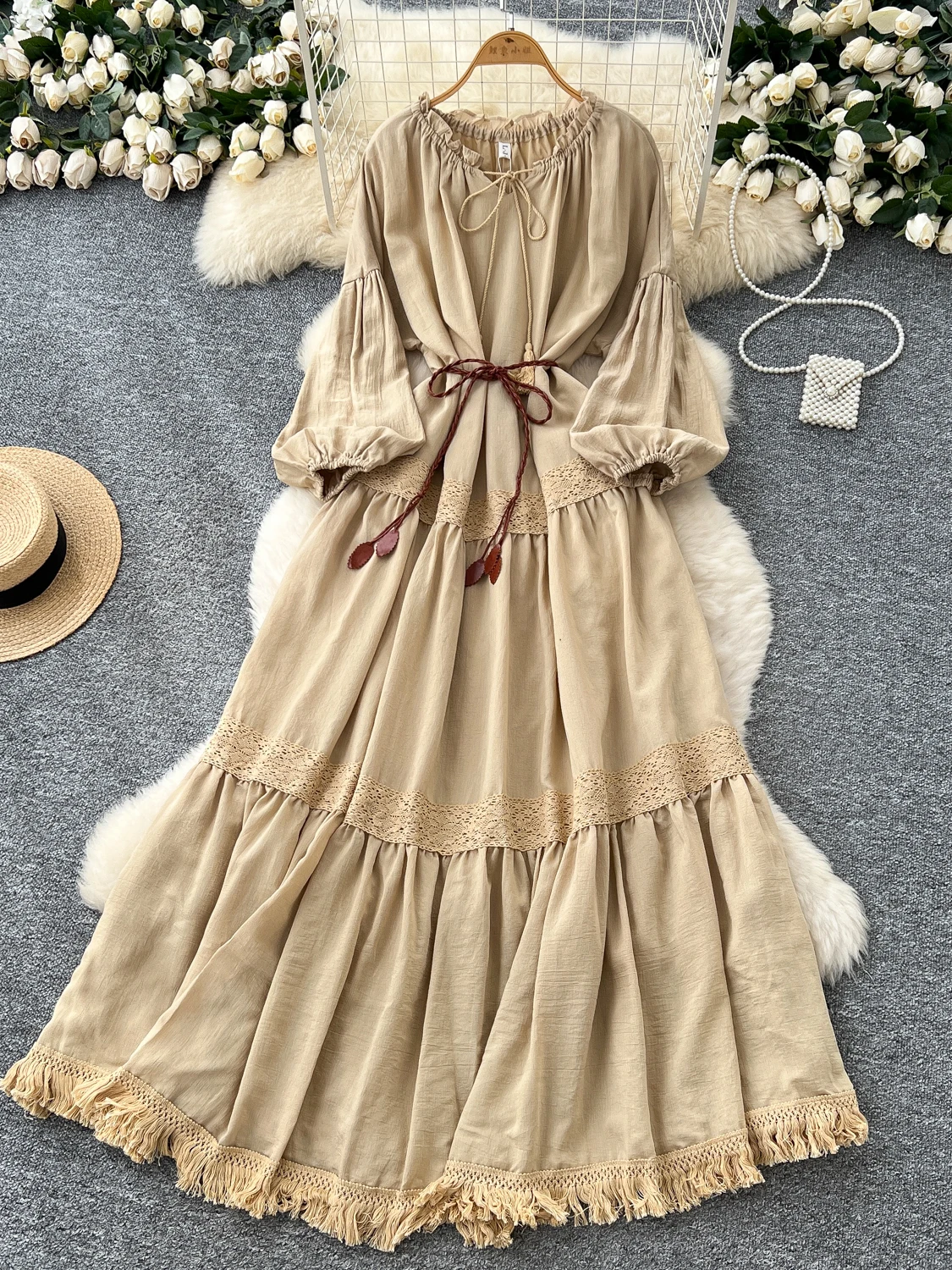 فستان أنيق بأكمام فانوس مزين بالدانتيل مع حزام، فستان نسائي طويل بخصر مرتفع على الطراز الكوري #5