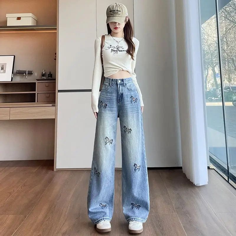 

2026 Spring New Retro Heavy Industry Pony Embroidery Straight leg Jeans Women Lazy Style Straight leg Dragging Casual Pants