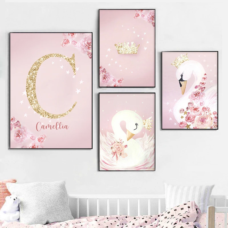 Pink Kawaii Room Decor Swan Nursery Wall Art Canvas Painting Name Personalized Letter Wall Posters and Prints Bedroom Wall Decor