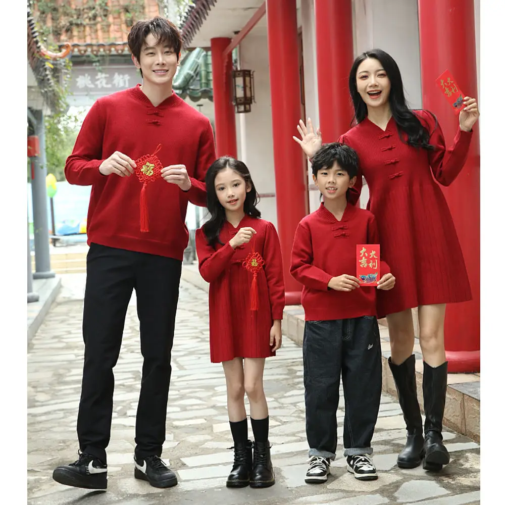 Chinese New Year Festive Red Parent-Child Matching Sweater Family Outfit Chinese Style Knitwear Winter Holiday Christmas Gift