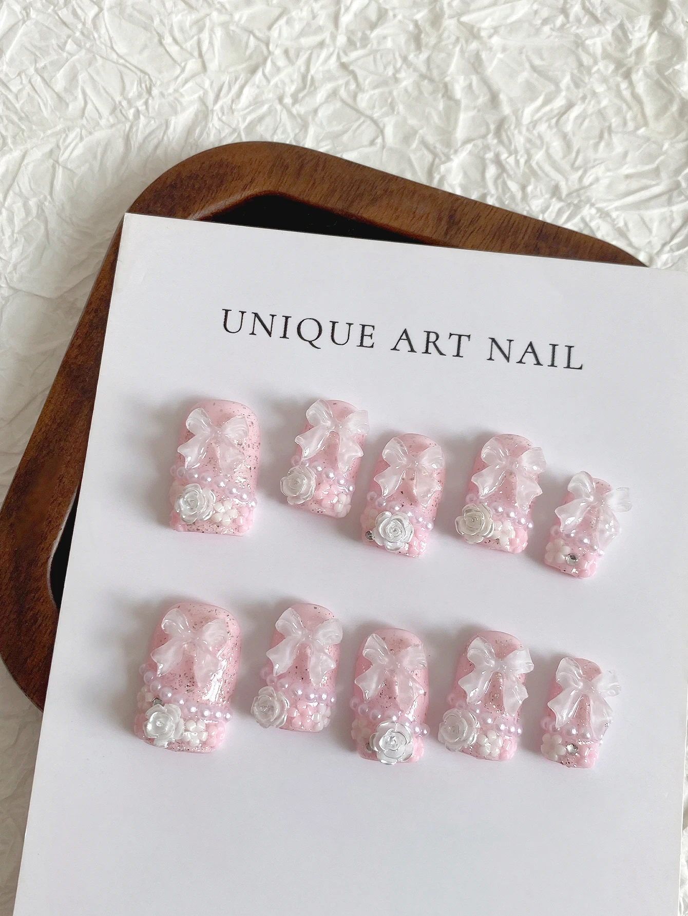 Sweet Fairycore Press On Nails, Short Square Hand‑made Nails, Glitter Pastel Pink Tone, Clear 3D Bowknot