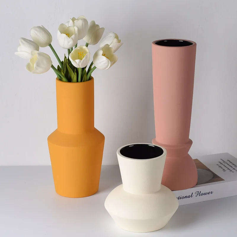 Modern Simple Morandi Color Wide Mouth Ceramic Vase Decoration Fresh Flower Dried Flower Arranger Home Soft Decoration