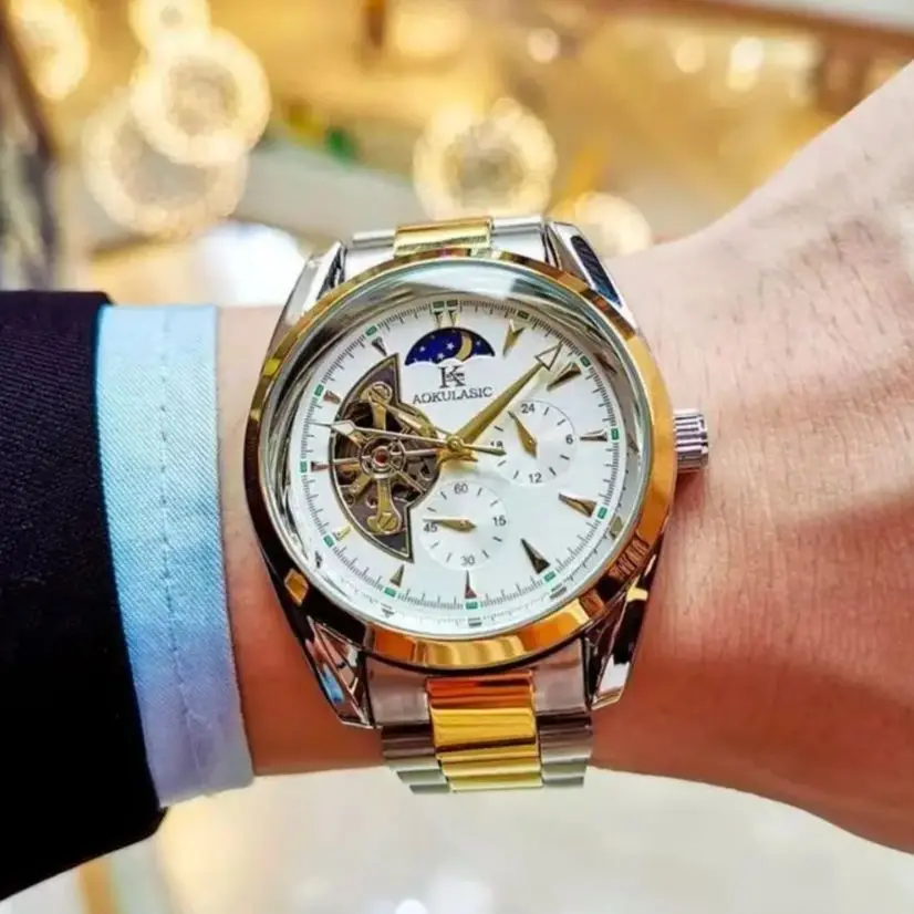 European and American Style High-End Business Men's Mechanical Watch, Automatic Winding, Skeleton Design, Stainless Steel Strap, Multi-Function Display, Round Dial, New High-End Light Luxury Fashion Casual Simple and Handsome Men's Watch, the Best Gift for Him