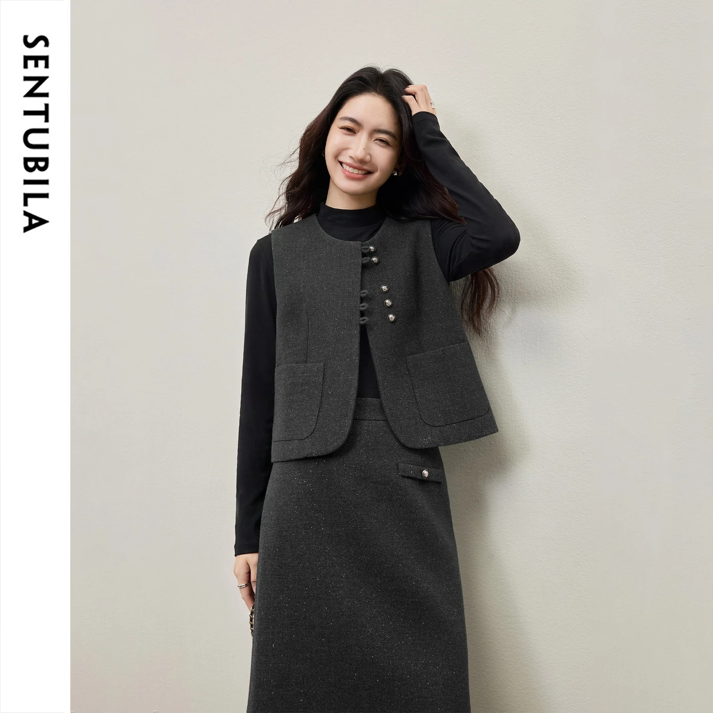 SENTUBILA Women's Matching Sets Sequin Vest High Waist Straight Skirt Long Sleeve Base Top Elegant Commuter Warm Suit 754ZA5361Z
