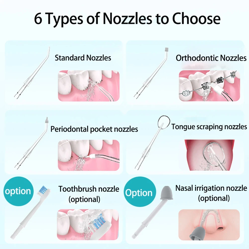 USB Recarregável Água Flosser, Irrigador Oral Dental, Escolha dos dentes, Máquina de lavar a boca, 4 bicos, 4 modos, 300ml Tanque