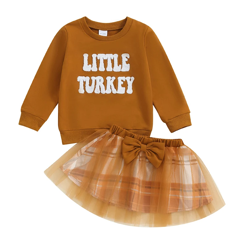 Kid Clothes Girls Autumn 2 Piece Outfits Long Sleeve Letter Embroidery Pullover Plaid Tulle Skirt Children\'s Clothing Set