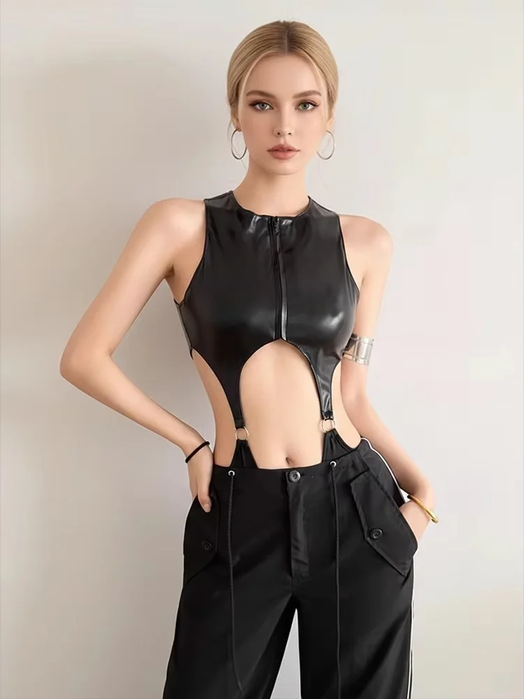 REDDACHiC Deconstructed Leather Bodysuit Women Hot High Cut Solid Black Hollow Out Quarter Zip Tank Top Punk Alternative Clothes image 4