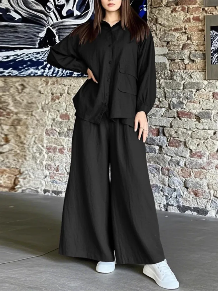 جديد فضفاض الصلبة قميص طويل الأكمام مجموعة أزياء عارضة واسعة الساق السراويل 2 قطعة مجموعة ربيع الخريف عارضة قطعتين وتتسابق امرأة