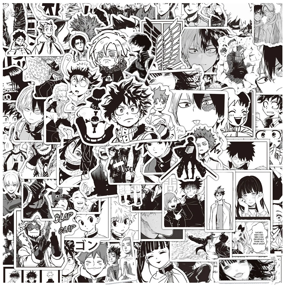 10/30/50/100pcs Preto Branco Mix Anime Adesivos My Hero Academy Haikyuu!! Decalques de desenhos animados brinquedo diy laptop bagagem bicicleta adesivo legal
