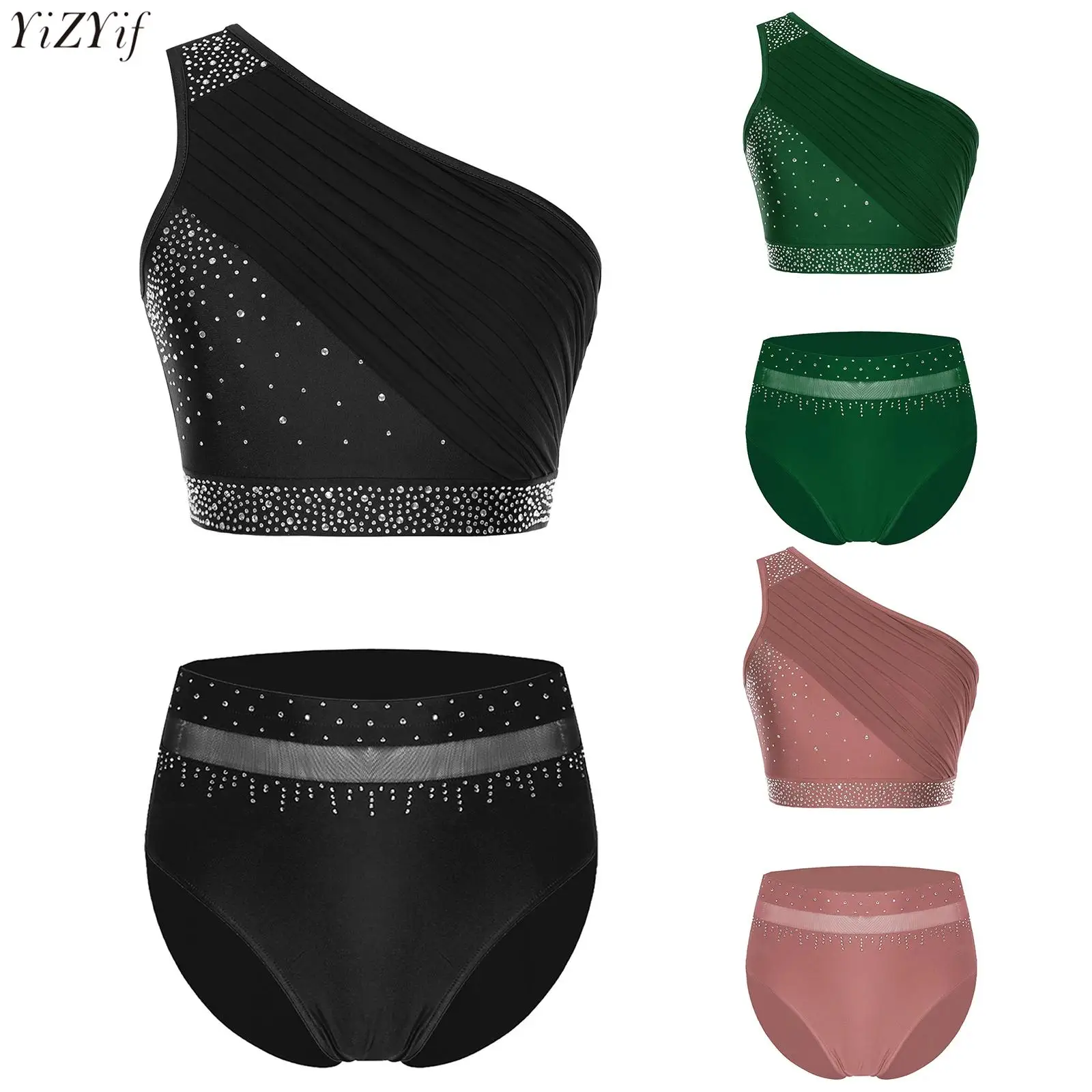 

Women Figure Skating Dance Outfit Ballet Dancewear One Shoulder Ruched Mesh Overlay Shiny Rhinestones Crop Top+Briefs Shorts