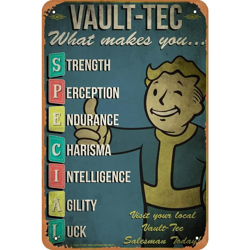 RetroGameDecor V-Vault Tec Metal Poster - Vintage Look Tin Sign with Retro Gaming Console Art, Exclusive Wall Decor