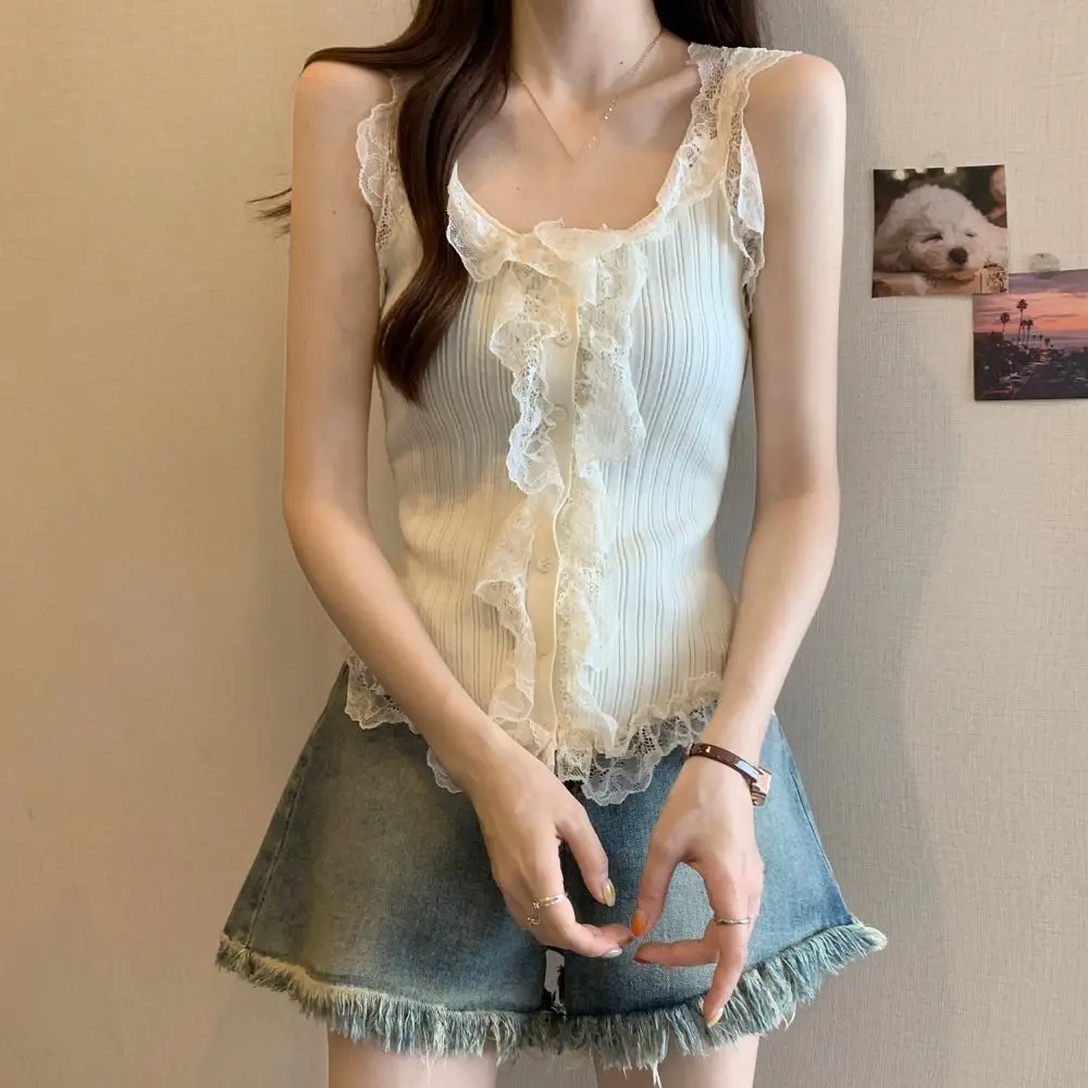 Top corto de punto de encaje Y2k para mujer, chaleco de punto de estilo coreano, camiseta interior sin mangas, camisola de verano