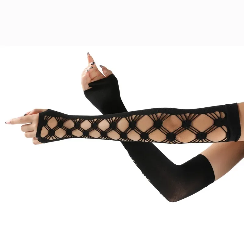 女性肘長パンク手袋弾性指なし手袋タッチスクリーンミトンカットアウトクロスメッシュ手袋コスプレパーティー衣装