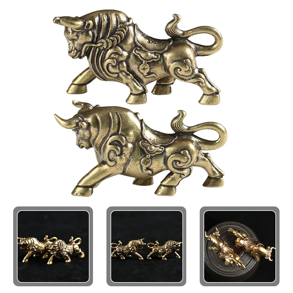 

2pcs Retro Bull Statue Brass Small Desktop Decor For Office Home Vintage Ox Sculpture Tabletop Decoration Mini Bull Ornament