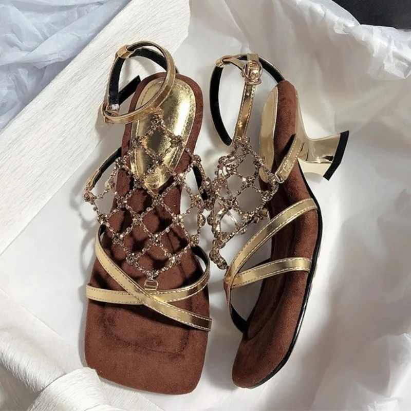 

Luxury Rhinestone Hollow Out Mesh Women Strange Low Heels Summer Sandals for Women Sexy Open Toe Party Dress Pumps Heels Ladies