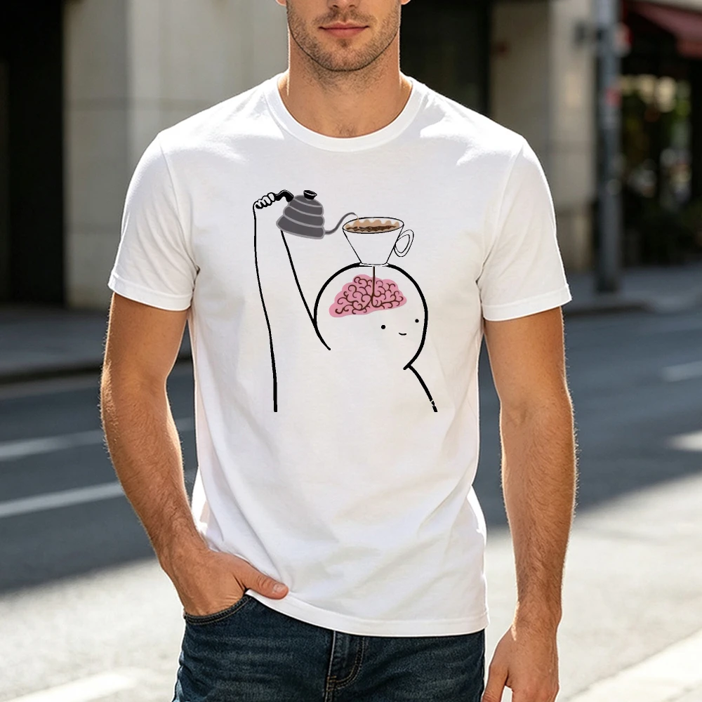 Coffee Pouring Into Brain Graphic T Shirt Men Caffeine Awakening Meme Tee Morning Routine Top Abstract Creative Line Art Shirt