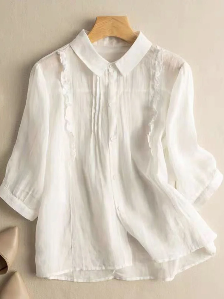 Femme coton lin ort Sve irt col Seven Sve coton lin mélange coupe ample longueur régulière trajet Sle