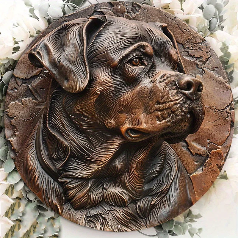Rzeźba z żywicy aluminiowej psa Rottweiler, okrągły znak, wieszak na drzwi, grafika ścienna, wystrój domu, 8x8 cali, 1 szt.