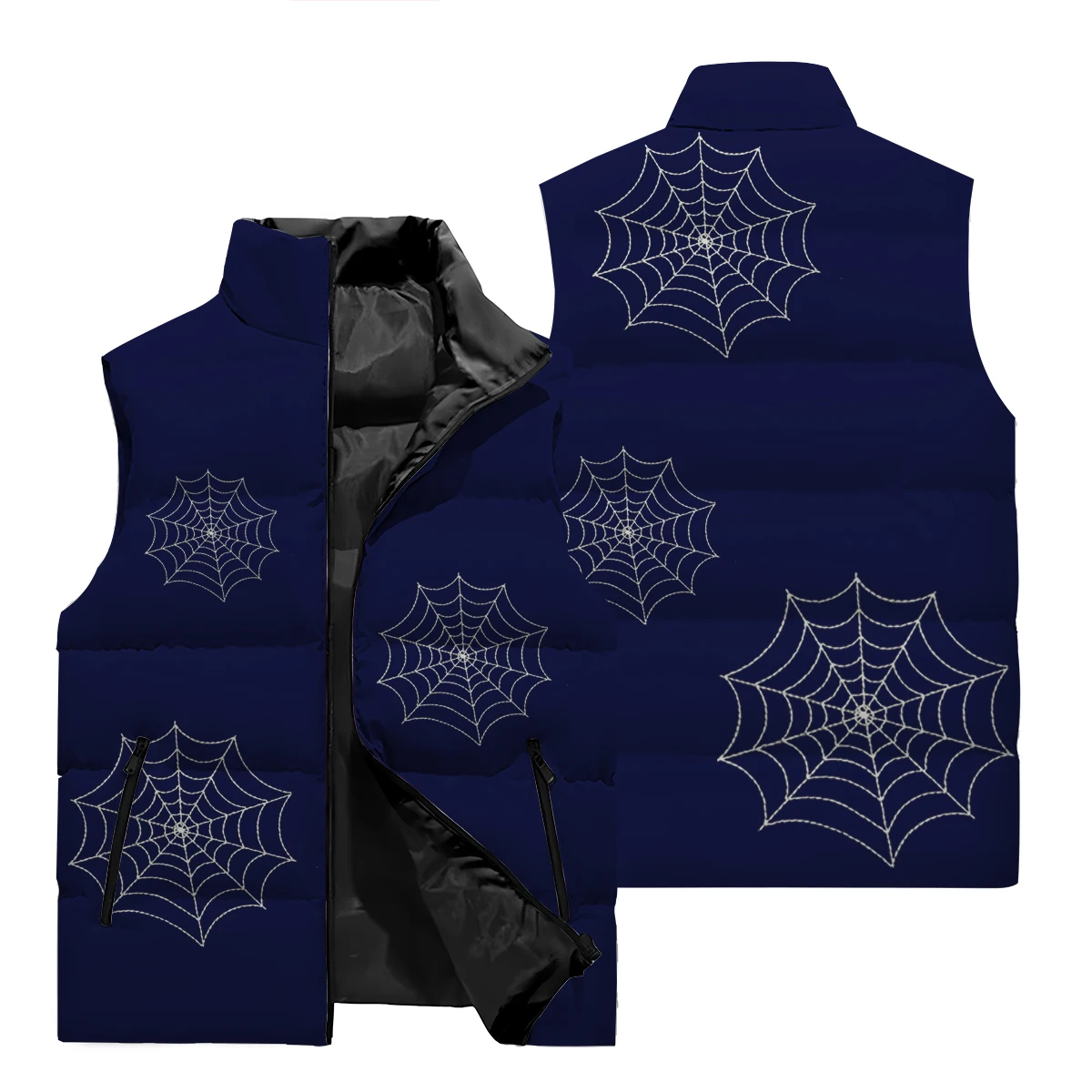 2024 New Fashion Spider Pattern Men's Pop Solid Color 3D Printed Winter Warm Plus Cotton Vest Sleeveless Zipper Jacket