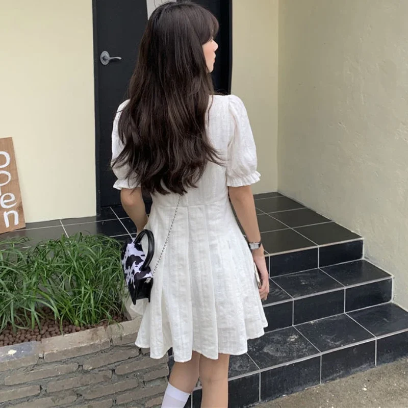 Dresses Women Pure Puff Sleeve Japanese Style Schoolgirls Sundress V-Neck Streetwear Casual Stylish Mini A-Line All-match Summer