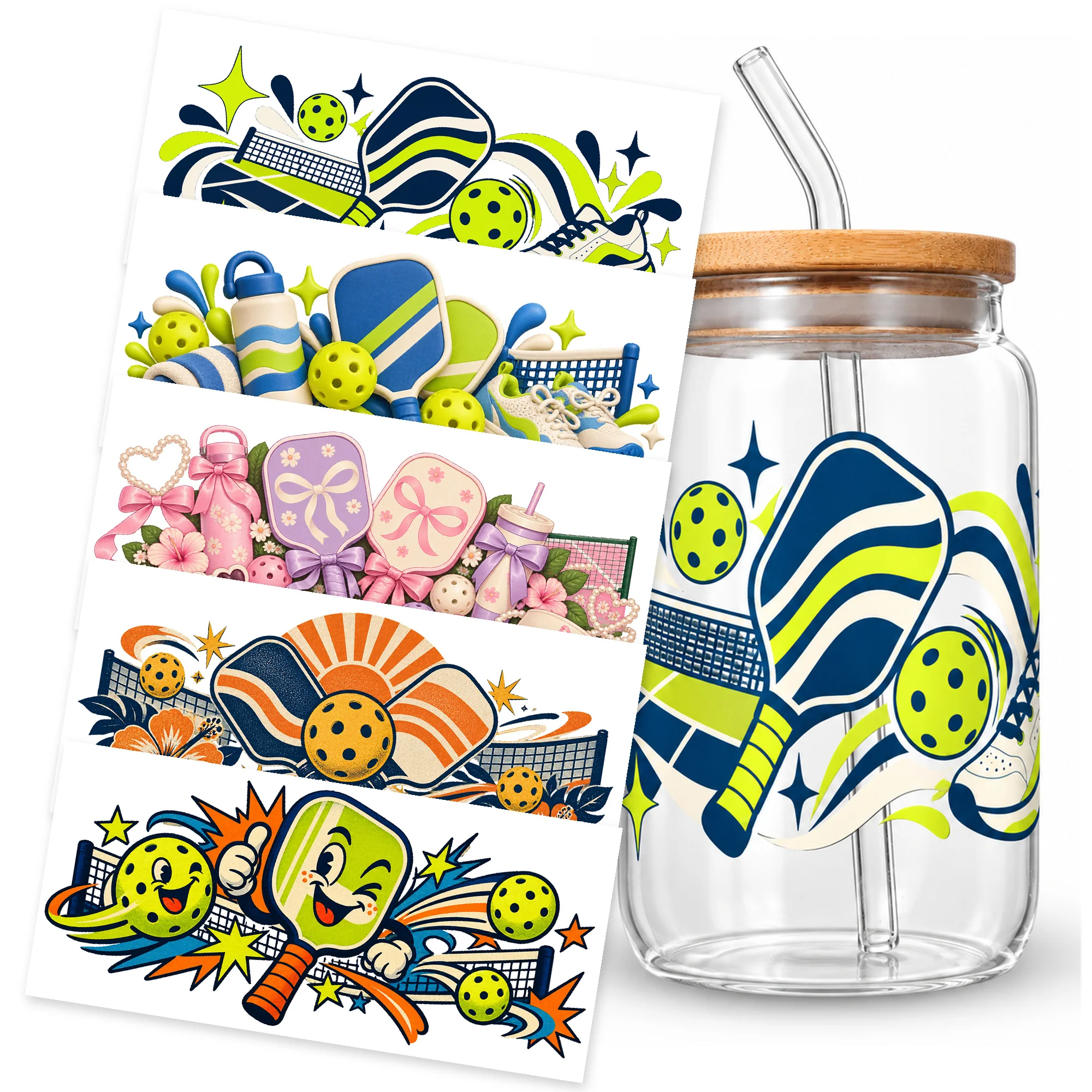 UV DTF Cup Wrap Transfer Stickers 5 Pickleball Designs Paddles Balls Nets and Sneakers Glossy Decals for 16oz Glass Cups
