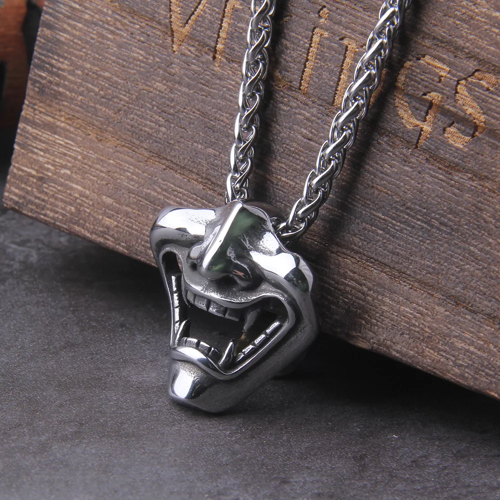 Vikings Jewelry Never Fade Stainless Steel Satanic Demon Men mask Necklace With Wooden Box as gift