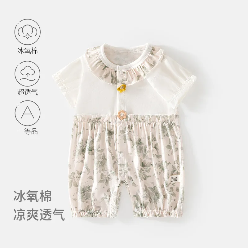 Baby Kurzarm-Strampler Baby Sommer Eiskalt-Weicher Baumwoll-Strampler Dünner Baby-Einteiler Säuglings-Klimaanlagen-Kleidung Strampler mit Lätzchen