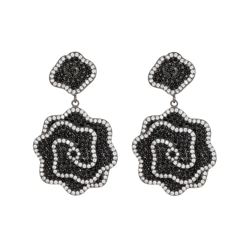 S925 Silver Needle Light Luxury High End Earrings Design Sensory Double Tone Zircon Inlaid High End Camellia Earrings