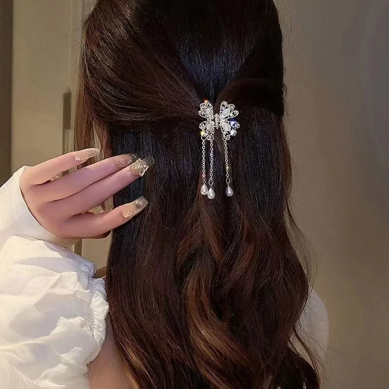 Exquisite Butterfly Fringe Rhinestone Hair Claw Clip Women\'s Elegant Horsetail Claw Hair Crab Fashion Hair Accessories Female