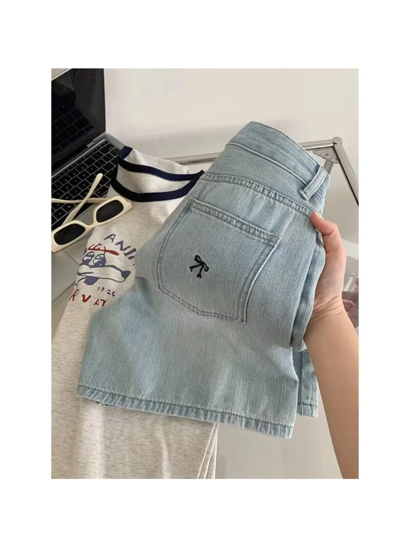 Women Light Blue Bow Denim Shorts High Waist Loose Straight Wide Leg Large Size Daily Casual Shorts