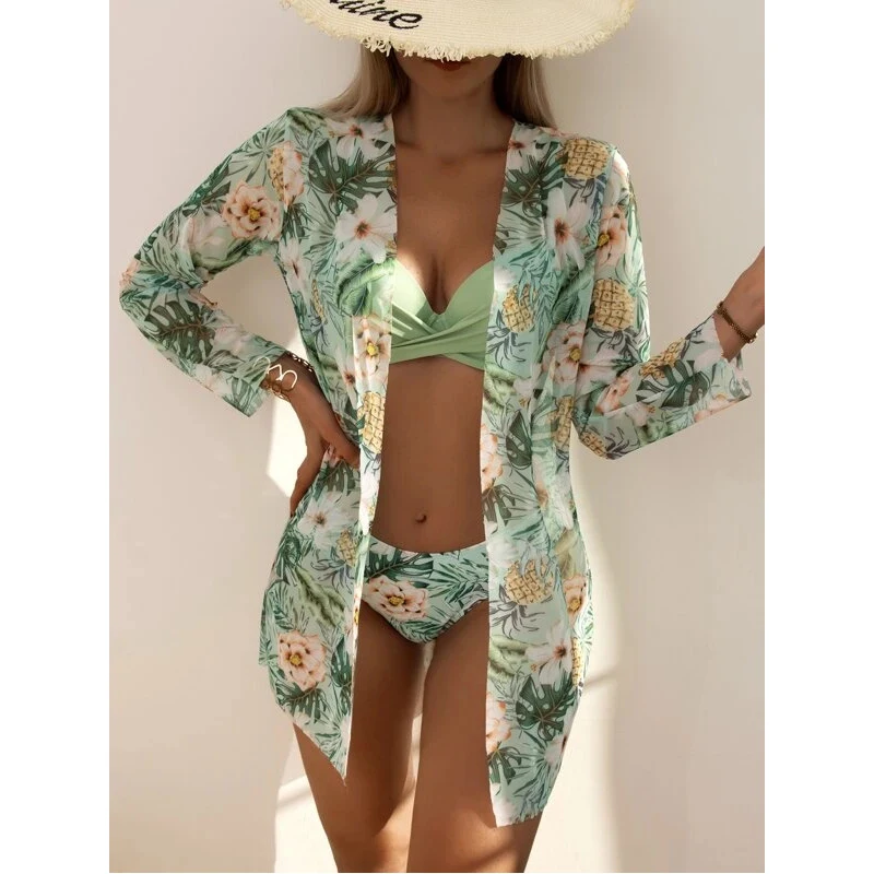 Green Print Push Up 3 Piece Bikini Set Cover Up 2024 Women Swimwear Long Sleeve Bathing Suit Brazilian Beach Swimsuit Swimwear