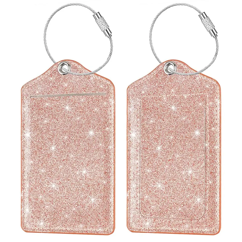 

(Set of 2) Luggage Tag Leather Privacy Cover ID Label Address Card with Stainless Steel Loop, Travel Bag Tags Suitcase Labels