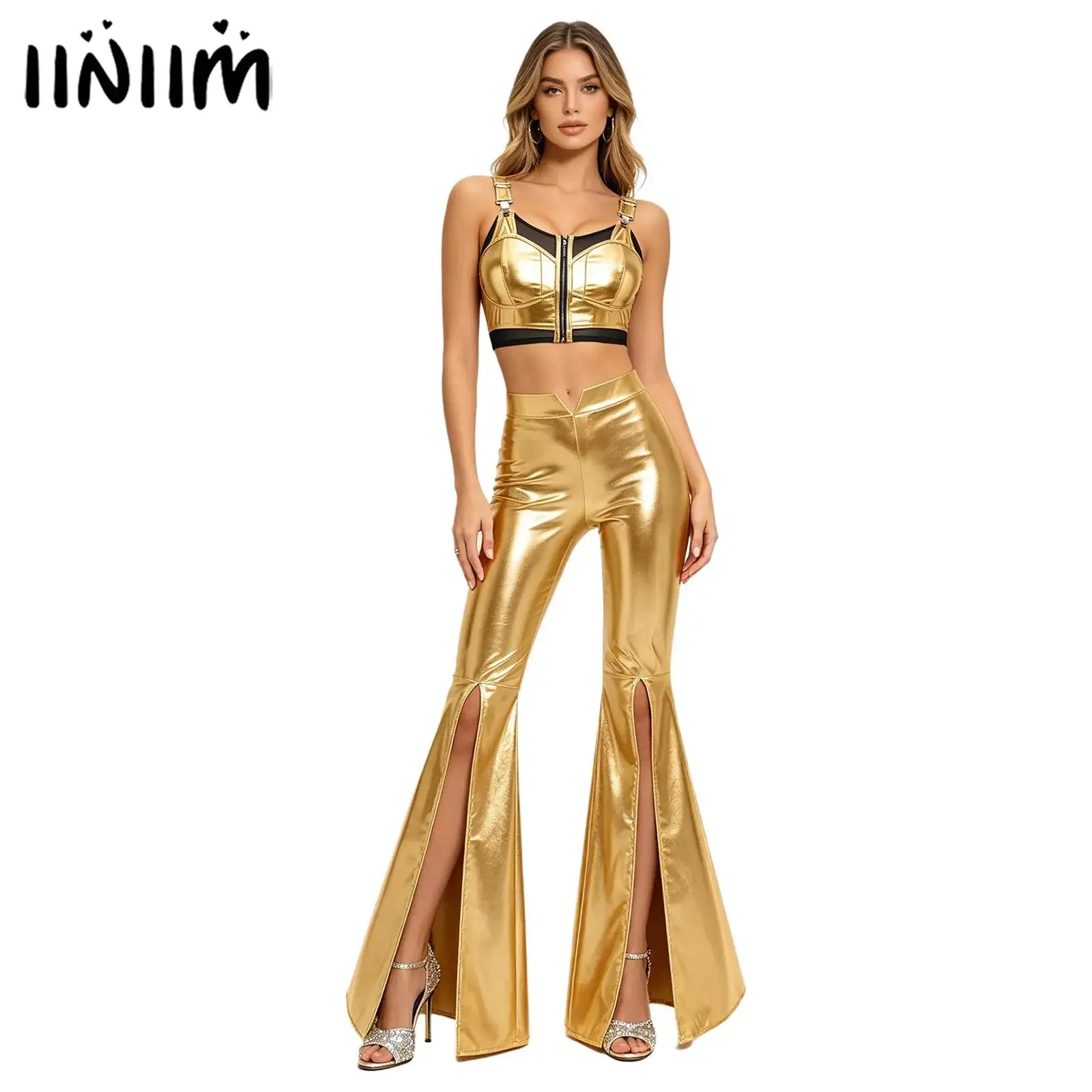 

Womens 70s Disco Jazz Dance Costume Metallic Shiny Bar Suit Zipper Vest And High Waist Split Bell Bottoms Flared Pants Clubwear