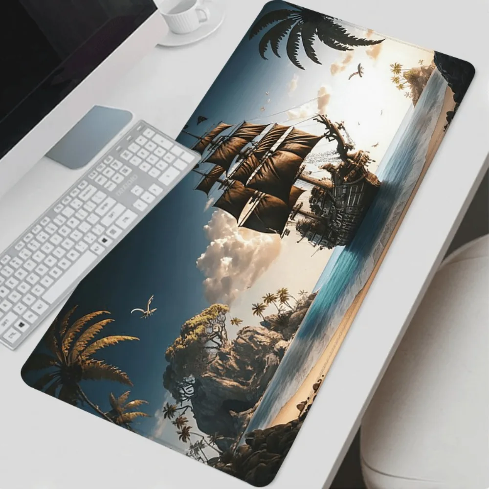 Marine pirate ship pattern rubber mouse pad, with anti-slip base, adventure-themed computer keyboard table pad
