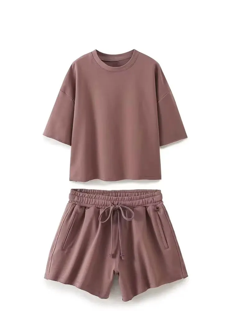 HH 여름 여성 빈티지 솔리드 반바지 세트 O넥 반팔 티셔츠 드로스트링 반바지 루즈 캐주얼 2024 여성 스포츠 세트