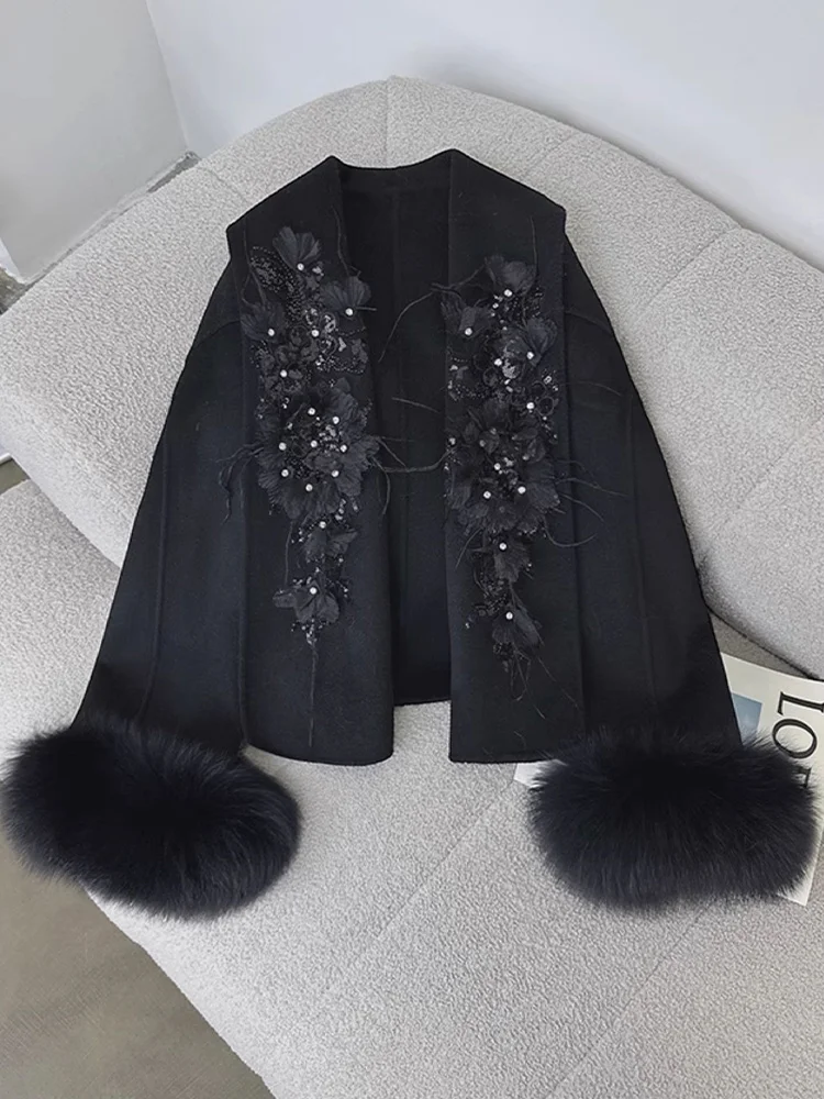 เสื้อโค้ทขนสุนัขจิ้งจอกแท้สำหรับผู้หญิง ฤดูหนาว ปี 2025  ผ้าขนสัตว์แคชเมียร์  ปักลาย  เสื้อคลุม