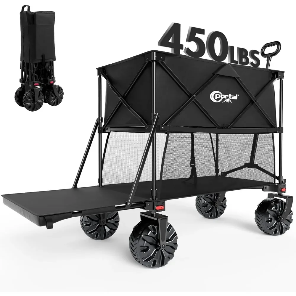 

Collapsible Double Decker Wagon, Folding Wagon Cart with Tailgate, Beach Wagon with Big Wheels, 450LB Heavy Duty Foldable Wagon