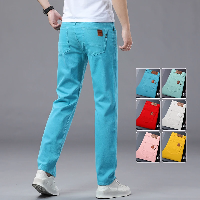 2025 Autumn Men's Elastic Colorful Jeans Breathable Casual  Straight Fitted Solid Color Denim Pants Korean Fashion Trousers