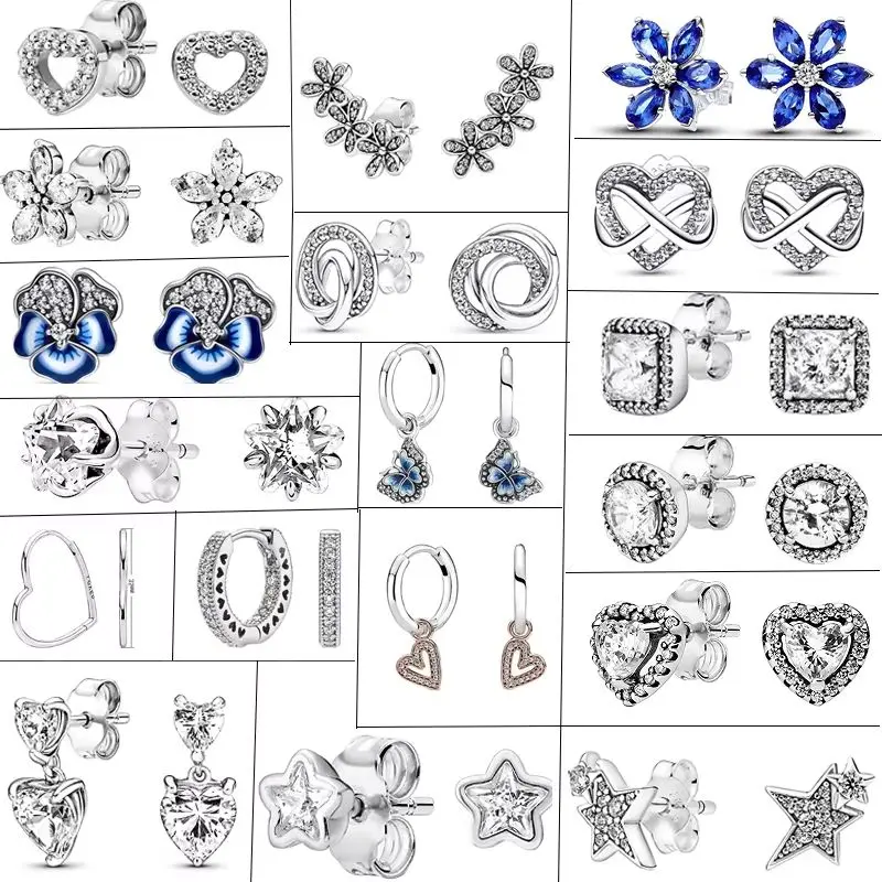 

New Wave Flower Hoop Heart Zircon Earrings Charms Fit Original Brand Women 925 Sterling Silver DIY Jewelry Gift