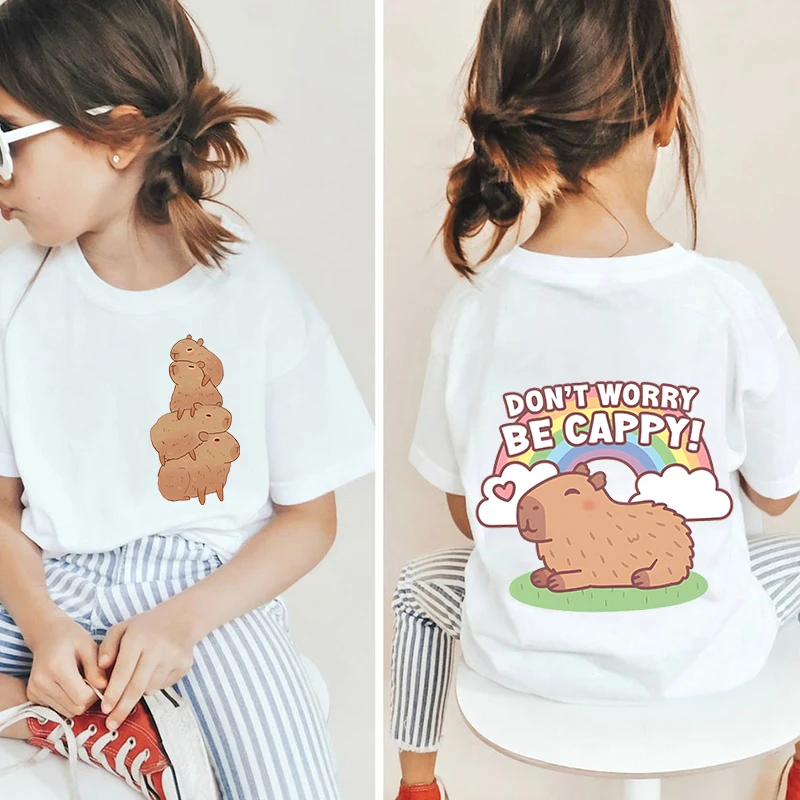 Kawaii capybara lovers kids cotton T-shirt white short-sleeved cartoon top double-sided printing for girls