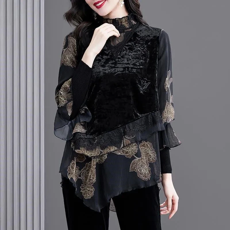 Noble Mother Golden Velvet Shirts Tops New Spring Autumn Fashion Patchwork Lace Tshirts Middle Aged Women Elegant T-shirts Tees
