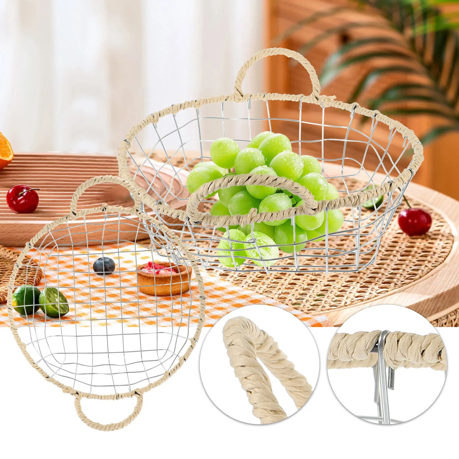 

Vintage Style Iron Wire Storage Basket Desktop Fruit Vegetable Organizer Metal Mesh Countertop Snack Tray Reusable Bread Serving