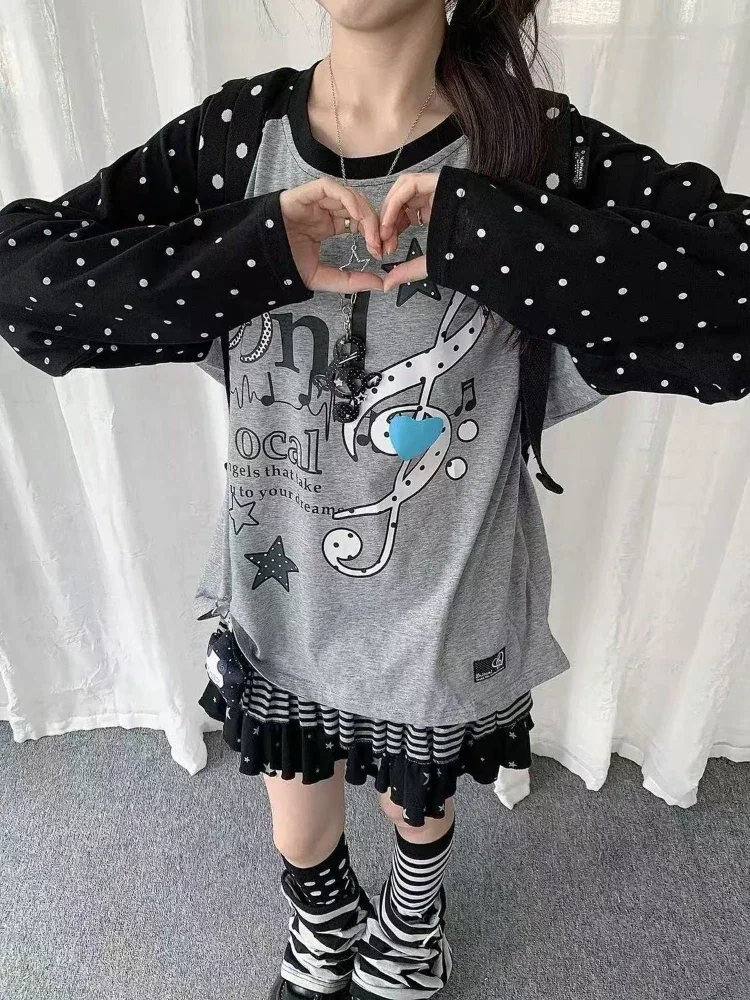 Y2K T Shirt Women Fake Two Piece Long Sleeve Jirai Kei  T-shirt Emo Polka Dot Music Note Star Harajuku Loose Oversized Tees Grey