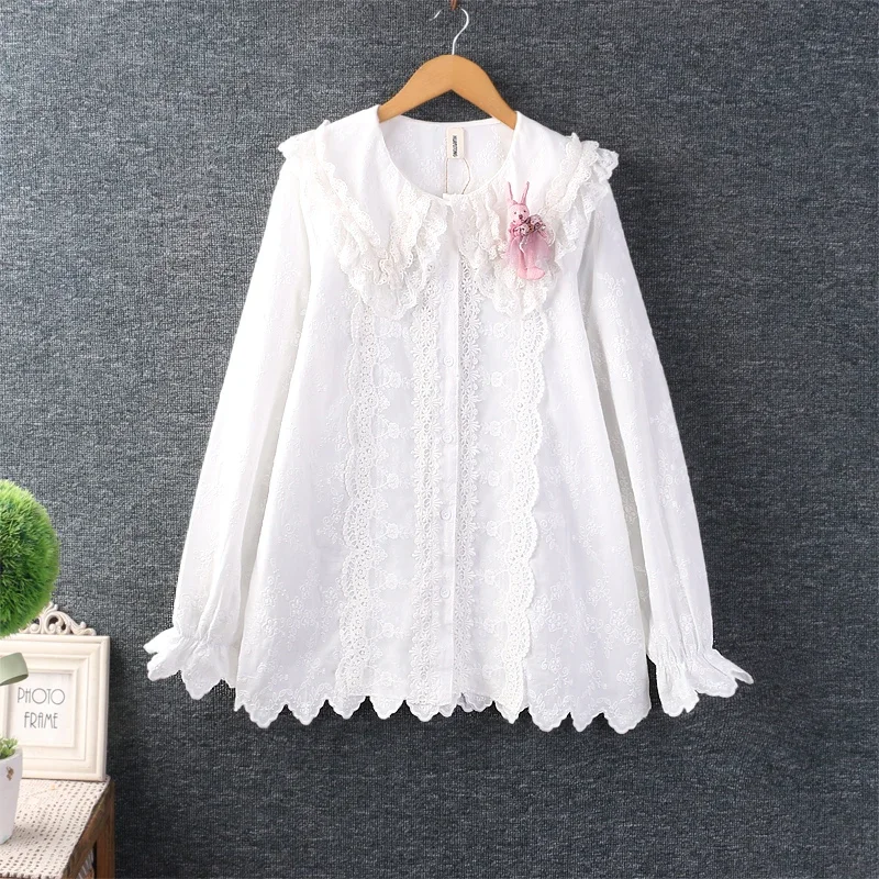 

Spring Autumn Sweet Mori Girl Lace Spliced Embroidered Shirt Women Cute Kawaii Peter Pan Collar Long Sleeve Cotton Blusa Tops