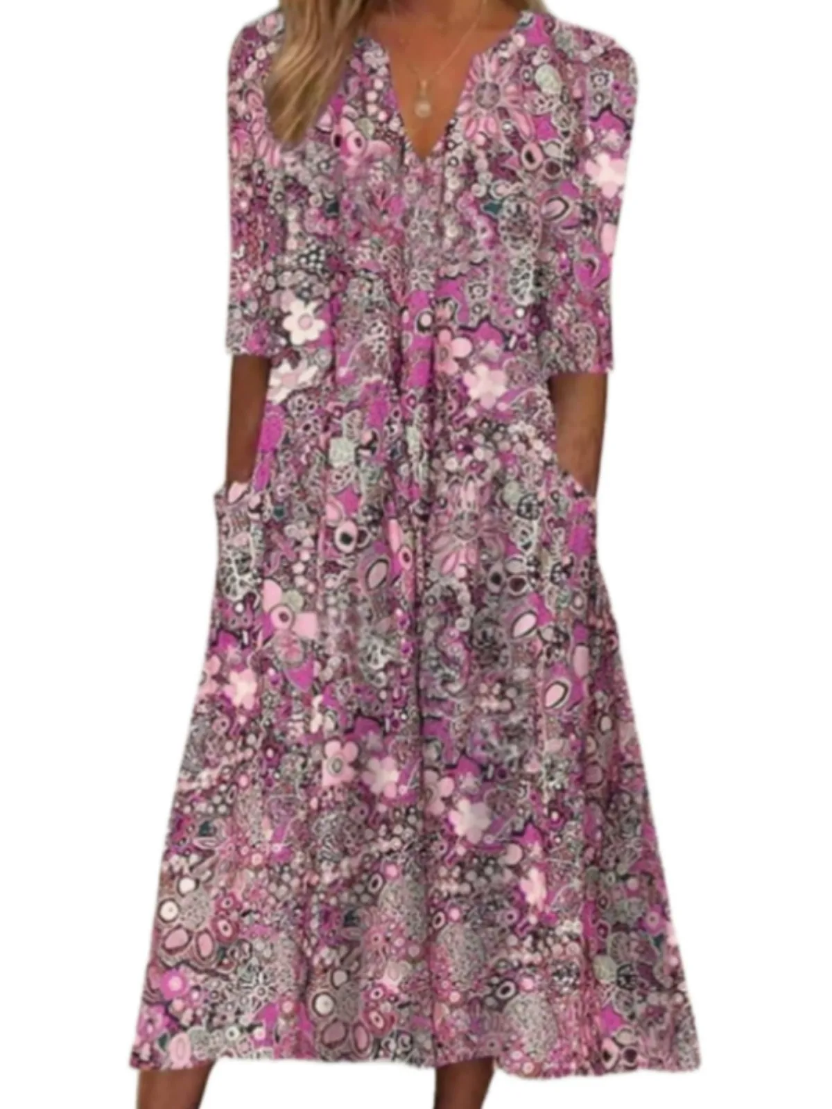Robe de Soirée Vintage à Imprimé Floral pour Femme, Tenue de Plage Midi, Style Boho, Col en V, Manches Courtes, Poches, Nouvelle Collection Été